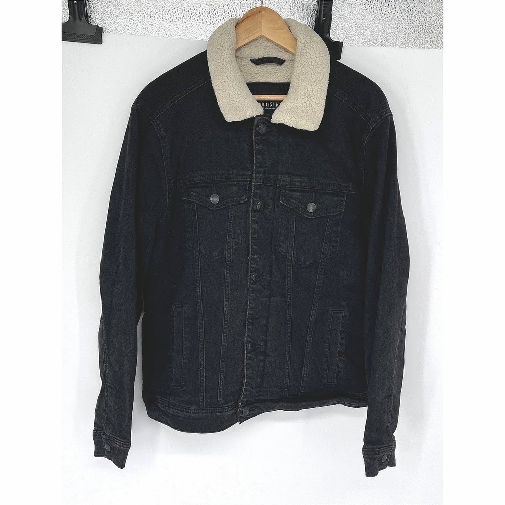 Hollister Men's M Black Denim Sherpa Lined Trucker Jacket Fleece Collar